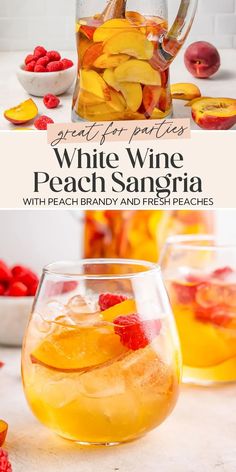 white wine peach sangria with peach brandy and fresh peaches in a glass pitcher