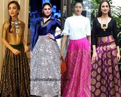 Be it a heavy embellished lehenga or one of those fusion lehenga skirts these offbeat lehenga blouses add depth and oomph to your look. Fusion Lehenga, Lehenga Blouses, Elegant Skirt Outfits, Indian Silk Dresses, Lehenga Skirts, Desi Dress, Indian Skirt, Mehendi Outfits, Heavy Dresses