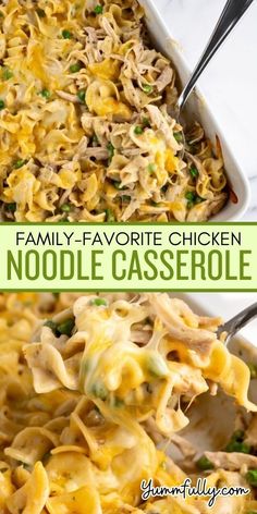 two images showing the same casserole with chicken and noodles