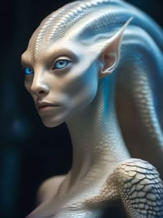 an alien woman with blue eyes and white skin