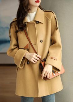 Woolen Coat Woman, Coat Trends, Fall Fabric, Fall Coat, Woolen Coat, Office Casual, Pan Collar, Peter Pan Collar, Color Khaki