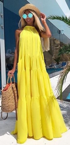 ❤️❤️ Beach Fashion For Women, Festival Mode, Short Beach Dresses, Mode Kimono, Yellow Maxi Dress, Yellow Maxi, Trending Fashion Outfits, Beach Fashion