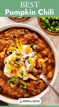 the best pumpkin chili recipe in a white bowl