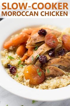 a white bowl filled with rice and meat covered in cranberry sauce, garnished with parsley