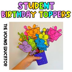 the student birthday toppers are colorfully decorated with cartoon characters and text that reads students birthday toppers