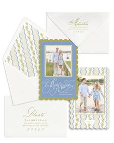 Have a Coastal Christmas with our Scallop and Laurel Christmas card! Inspired by the charm of the South Carolina coast, this large format card features scallop die cut edges, a fresh color palette of bright blue and chartreuse, and the most fun patterned liner you'll see this season. Perfect for couples, family and children's portraits, or anyone wanting to spread coastal cheer.Featuring Family Photography by Lauren Dobish Blue And Chartreuse, White Christmas Card, Classic Christmas Cards, South Carolina Coast, Outdoor Brunch, Carolina Coast, Navy Christmas, Frosted Cup