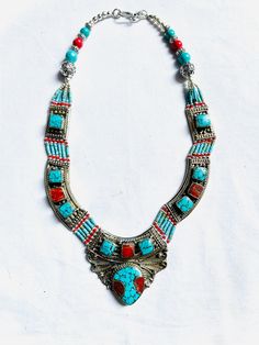 Art Deco necklace Handmade bib Necklace Tibetan Necklace Made in Nepal Bohemian Handmade Pendant Bib Necklace, Tibetian Necklace, Bohemian Beaded Multi-strand Bib Necklaces, Tibetan Necklace Bohemian, Tibetan Necklace, Buddhist Mala, Red Bohemian Nickel-free Necklace, Handmade Bib, Bubble Bag