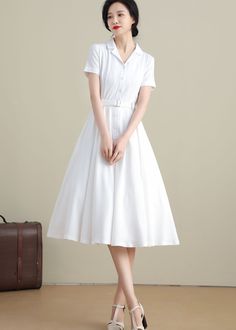 Vintage Inspired Swing Midi Dress Women, Fit and Flare Dress, 50s Work Dress, Short Sleeve Button up Long Dress, Custom Party Dress 2318 - Etsy Classic A-line Vintage Dress With Button Closure, Classic White A-line Shirt Dress, Classic White Button-up Dress, Classic Full Skirt Midi Dress For Summer, Elegant Vintage Dress With Full Skirt For Summer, Classic Knee-length Vintage Dress For Work, Classic Knee-length Vintage Dress, Classic Short Sleeve Vintage Dress For Spring, Classic Vintage Short Sleeve Dress For Spring