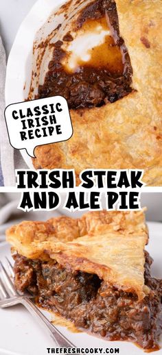 there is a piece of meat pie on the plate with a speech bubble above it that says, classic recipe irish steak and ale pie