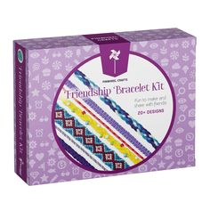 a purple box with the words friendshop bracelet kit on it's front and bottom