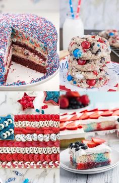 red, white and blue patriotic desserts are on display