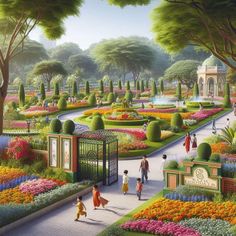 a painting of people walking through a garden with lots of flowers and trees in the background