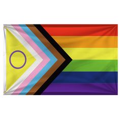 a rainbow flag with an arrow in the center and a circle at the bottom, on a white background