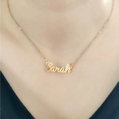 Name Necklace Gold Plated Nwt Sarah Elegant Party Name Necklace With Clavicle Chain, Gold Name Necklace For Party, White Nameplate Necklace, Sarah Name Art, Sarah Necklace, Necklace Name Design, Teardrop Diamond Necklace, Pisces Pendant, Jewelry Name