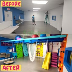 before and after photos of an indoor gym with swings, ladders, exercise mats and climbing ropes