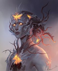 an artistic painting of a woman with leaves on her head and body, surrounded by fire