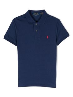 navy blue cotton signature Polo Pony motif embroidered logo at the chest polo collar front button placket short sleeves straight hem Luxury Fitted Blue Polo Shirt, Luxury Blue Cotton Polo Shirt, Blue Cotton Button-up Polo Shirt, Ralph Lauren Fitted Polo Collar T-shirt, Polo Ralph Lauren Kids, Polo Pony, Blue Cotton Polo Collar T-shirt, Ralph Lauren Kids, Cotton Polo Shirt