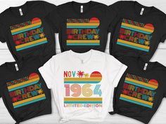 six birthday shirts with the number one in front of them and an image of palm trees on