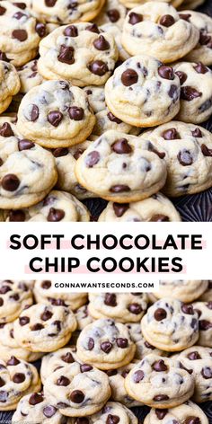 soft chocolate chip cookies are stacked on top of each other and ready to be eaten