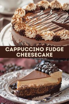 two different cheesecakes with chocolate and whipped cream on top