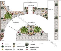 a garden plan with various plants and trees