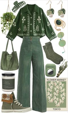 Green Floral Outfit, Light Green Outfit Ideas, Green Accent Outfits, Business Casual Cottagecore, Fashion Inspo Outfits 2024 Spring, Green Cottagecore Outfit, Casual Cottagecore Outfits, Green Aesthetic Outfit