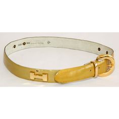 Vintage Patent Gold Leather Belt with H Brass Logo. Gold patent leather, brass buckle. Marked: Size 32 US, 80 EU. No Hallmark. Marked: Made In France. Buckle is : 2 in H x 2 in. W. Leather belt is 1.25 in. wide x 35 in long.  The depth dimension listed is an estimate. Please refer to the dimensions in the description listed above Gold Leather Belts With Gold-tone Logo Plaque, Gold Belt With Buckle Closure For Formal Occasions, Gold Belts With Gold-tone Hardware For Office, Designer Gold Belts With Brass Hardware, Gold Leather Belt For Office, Brass Buckle, Gold Leather, Leather Belt, Made In France