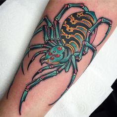 a colorful scorpion tattoo on the arm