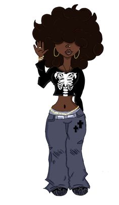 a drawing of a woman in jeans and a skeleton shirt