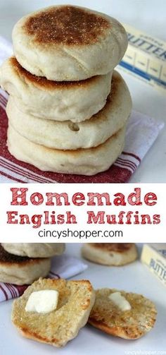 homemade english muffins stacked on top of each other