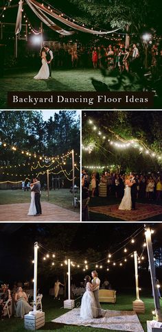 the wedding party is set up outside at night with string lights strung over the dance floor