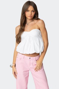 Serina Strapless Bubble Top Flirty Strapless Top For Day Out, White Strapless Flirty Top, White Flirty Strapless Top, Flirty Bandeau Tops For Day Out, Flirty White Strapless Top, Fitted Tops With Ruched Bodice For Spring, Flirty Bandeau Tube Top, Spring Off-shoulder Tube Top With Built-in Bra, Fitted Summer Top With Ruched Bodice