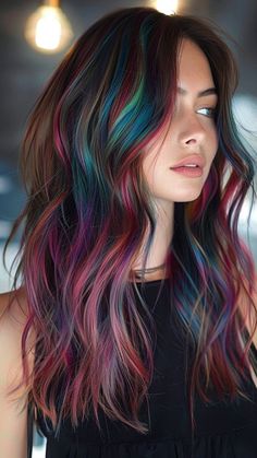 30 Game-Changing Hair Color Trends You Need to Know Brunette Fashion Color Hair, Blonde In Front Red In Back, Brown Hair With Fun Highlights, Rainbow Peekaboo Hair Black, Cool Hair Colors For Women, Colorful Hair Underneath, Colored Roots With Brown Hair, Dark Hair Balayage Ideas, Balayage Hair Fun Colors