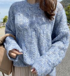 Sweater loose round neck openwork sweater Fabric: blended Color: beige, pink, blue Size: free size length 68 bust 115 sleeve length 42 Mohair Sweater Knit, White Chic, Sweater Autumn, Oversize Casual, Whimsical Fashion, Mohair Sweater, Loose Sweater, Casual Pullover, White Sweaters