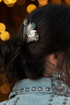 DAZZLE UP YOUR 'DO! Lately, we're really into this whole "hair jewelry" category of accessorizing and this intricate ornate hairpin is certain to make a statement. The vintage two-pronged hairpin is embellished with stampwork and adorned with a trio of dimensional silver flowers with snake eye turquoise center stones. You can use it to adorn your simple pony or use it to secure your chignon or French twist. Either way, your accessory game just got a major upgrade. materials: sterling silver, tur Silver Patina Jewelry For Weddings, Elegant Patina Jewelry For Weddings, Collar Tips, Cashmere Accessories, Stocking Gifts, Belt Jewelry, French Twist, Hair Game, Silver Accessories