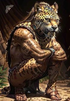 a painting of a man with a leopard on his body sitting in front of him