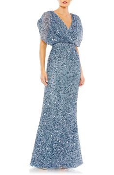 Mac Duggal Sequin Draped Sleeve V-Neck Gown available at #Nordstrom V Neck Gown, Multicolor Sequins, Sequin Evening Gowns, Sheath Gown, Sequin Formal Dress, Mac Duggal Dresses, Blouson Sleeve, Drape Sleeves