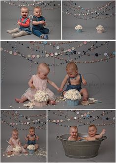 two babies are playing with cupcakes and cake