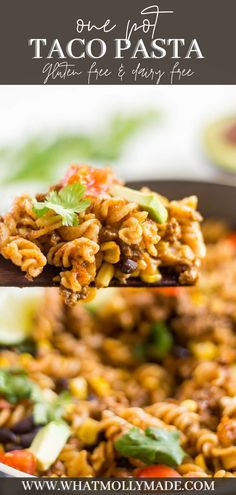 a spoon full of taco pasta on top of a pan with the title above it