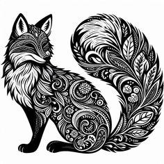 a black and white drawing of a fox with swirls on it's tail