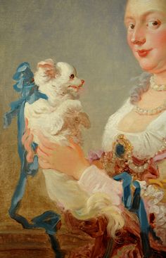 a painting of a woman holding a white dog in her arms and looking at it's reflection