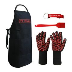 an oven mitt, gloves and spatula with the words griller on it