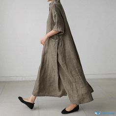 Orcajump - Cotton and Linen Dress: Solid Color, Vintage Short Sleeves, Loose Fit, Knee-Length with Pockets Khaki Short Sleeve Dress With Relaxed Fit, Khaki Beach Dresses With Pockets, Beach Dresses With Pockets In Khaki, Long Relaxed Fit Dress With Pockets, Spring Long Maxi Dress With Pockets, Spring Casual Full-length Maxi Dress, Spring Casual Full Length Maxi Dress, Casual Full Length Maxi Dress For Spring, Casual Khaki Maxi Dress