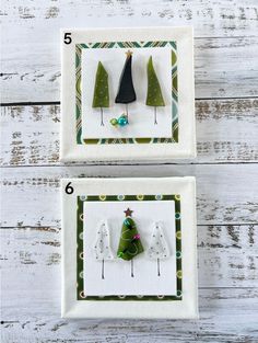 two white plates with christmas trees on them, one is green and the other is black