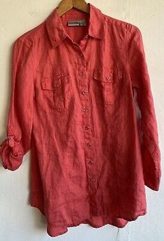 Chico's Button Up Shirt Size 1/Medium Orange Roll Up Long Sleeve 100% Linen  | eBay Red Spring Shirt With Pockets, Red Shirt With Pockets For Spring, Orange Roll, Orange Rolls, Roll Up, Button Up Shirt, Womens Clothing Tops, Button Up Shirts, Button Up