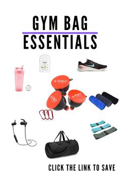 the gym bag essentials are on display in front of a white background with text