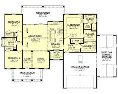 the first floor plan for a home with two master suites and an attached garage area