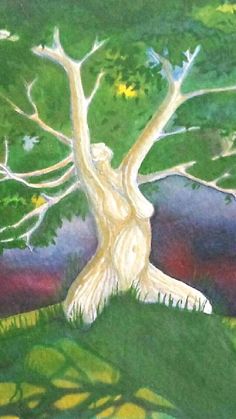 a painting of a white tree on a hill