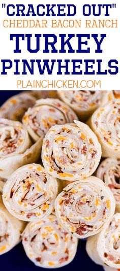 there is a pile of cracker bacon ranch pinwheels on the plate with text overlay