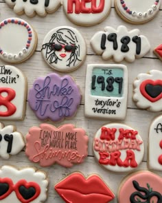 decorated cookies are displayed on a table